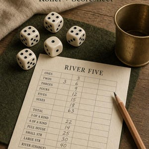 May include: A set of five off-white six-sided dice with black pips, a brass dice cup, and a beige paper scoresheet titled RIVER FIVE with handwritten numbers. The scoresheet includes categories like ONES, TWOS, THREES, FOURS, FIVES, SIXES, and TOTAL.