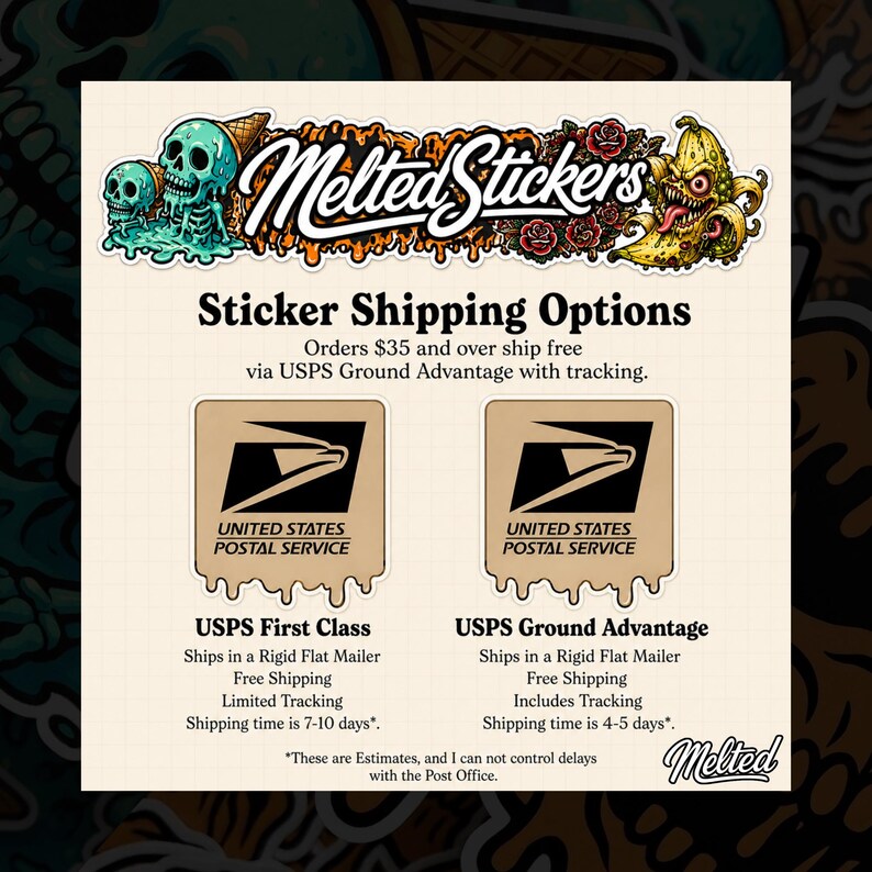 Puede incluir: Gr&aacute;fico promocional para "Melted Stickers" con ilustraciones de calaveras y monstruos. El texto detalla las opciones de env&iacute;o de pegatinas, incluyendo USPS First Class y Ground Advantage, con tiempos de entrega estimados.
