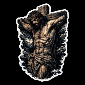 Puede incluir: Una pegatina con una ilustraci&oacute;n detallada de Jesucristo en la cruz. La obra de arte representa una figura musculosa con una corona de espinas, sangre y un pa&ntilde;o drapeado. El fondo incluye elementos oscuros y nublados, y la pegatina tiene un borde blanco.