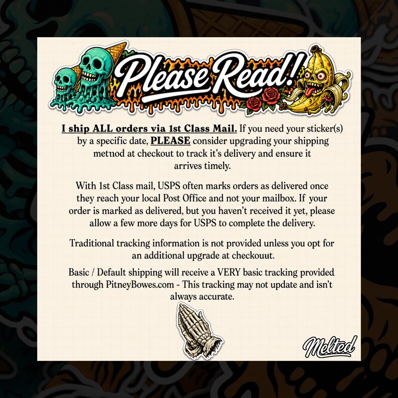 Puede incluir: Una pegatina con un cono de helado de calavera y un pl&aacute;tano con una cara. El texto "Please Read!!" est&aacute; en la parte superior. La pegatina tambi&eacute;n incluye texto sobre env&iacute;o y seguimiento.