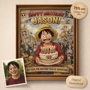 May include: A framed digital print featuring a cartoon character holding a birthday cake with lit candles. The print says "HAPPY BIRTHDAY JASON!" and "SET SAIL FOR ANOTHER YEAR OF ADVENTURE!" A photo of a smiling person is in the corner.