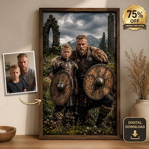 May include: Framed print depicting a digitally created image of a father and son in Viking attire, holding shields. The backdrop features ancient ruins and mountains under a cloudy sky. A smaller photo of the pair is in the corner. The print is in a wooden frame.