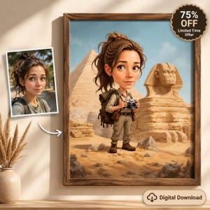 May include: A framed digital illustration of a cartoon-style explorer with a camera and backpack standing before the Great Sphinx and pyramids. A smaller inset photo shows the original portrait of the person used to create the character illustration.