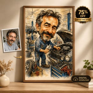 May include: A framed watercolour-style illustration of a bearded mechanic in a blue jumpsuit holding a wrench, standing next to a car with an open hood in a garage. A smaller inset photo shows the same man. Text includes 75% OFF and DIGITAL DOWNLOAD.