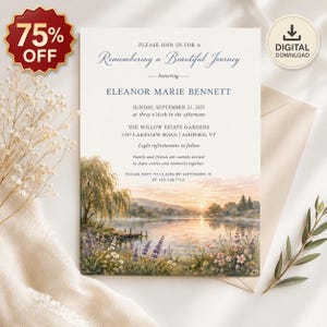 Könnte beinhalten: Eine Gedenkeinladung mit einer Aquarelllandschaft eines Sees bei Sonnenuntergang. Der Text lautet "Remembering a Beautiful Journey" und enthält Details für die Gedenkfeier von Eleanor Marie Bennett. Ein Symbol für den digitalen Download befindet sich oben rechts.