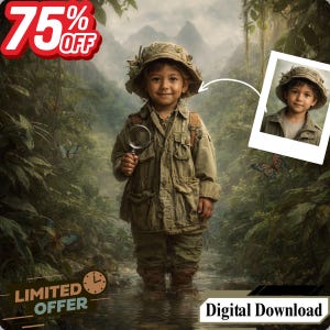 May include: A young child dressed in khaki explorer attire, holding a magnifying glass, stands in a stream. The image has a jungle backdrop with butterflies and a polaroid-style inset. Text includes "75% OFF", "LIMITED OFFER", and "Digital Download".