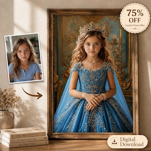 May include: A digital portrait of a young person wearing a blue gown with intricate gold embroidery, a matching cape, and a jeweled crown. The portrait is displayed in a gold frame next to a smaller photograph of the same person in a blue shirt.