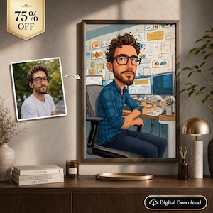 May include: A framed digital illustration of a person with brown hair, a beard, and glasses, wearing a blue plaid shirt, sitting in an office chair at a desk with computer monitors and papers. A smaller photo of the same person is shown to the left.