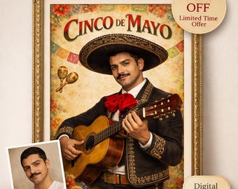 Retrato personalizado del guitarrista mariachi, arte de la fiesta del Cinco de Mayo (descarga digital)