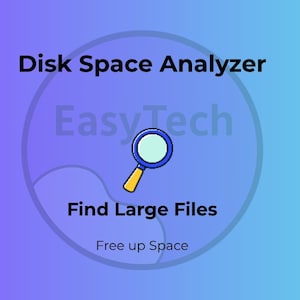 Puede incluir: Gráfico con fondo degradado azul y morado. El texto "Disk Space Analyzer" está en la parte superior. Un icono de lupa está en el centro. El texto "Find Large Files" y "Free up Space" están debajo.
