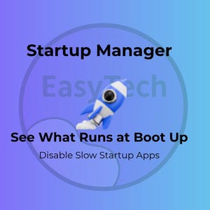 May include: An image with a purple and blue gradient background. The text reads "Startup Manager" and "See What Runs at Boot Up". A cartoon rocket ship is in the center of the image.
