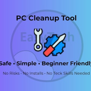 Puede incluir: Un anuncio de una herramienta de limpieza de PC. La imagen presenta una llave inglesa y un destornillador sobre un engranaje azul. El texto incluye "PC Cleanup Tool", "Safe, Simple, Beginner Friendly" y "No Risks, No Installs, No Tech Skills Needed."