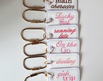 Embroidered Bag Tag Keychain | Main Character, Lucky Girl, Travel Accessory