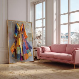 Kleurrijke patchwork jurk canvaskunst, levendige textiel muurdecoratie, abstracte mode schilderij, boho-stijl huisdecoratie, klaar om op te hangen