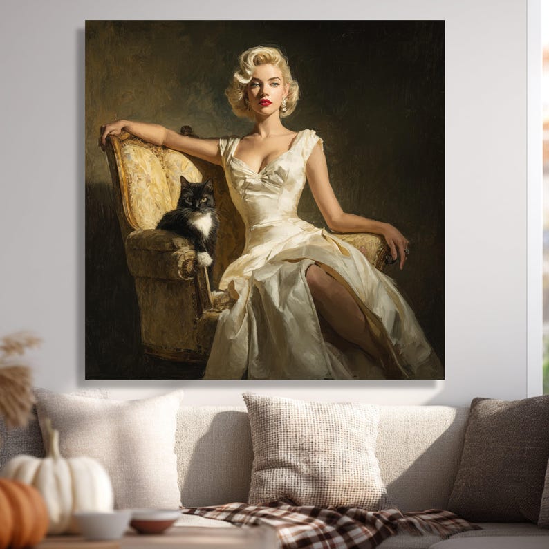 vintage-glamour-portrait-canvas-woman-cat-classic-retro-wall-art-ready