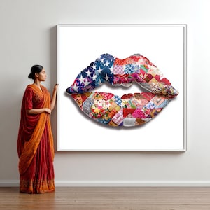 Quadro su tela con labbra patchwork, design colorato con labbra trapuntate, decorazione moderna in stile pop art, tela di grande impatto per la casa.