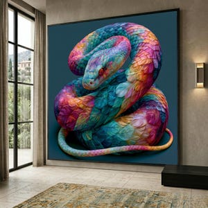 Op de afbeelding: Een vierkant wandkunstwerk met een opgerolde slang met iriserende schubben in levendige tinten blauw, paars, roze, oranje en geel. De slang is geplaatst tegen een effen donkergroenblauwe achtergrond en toont een gedetailleerde textuur.