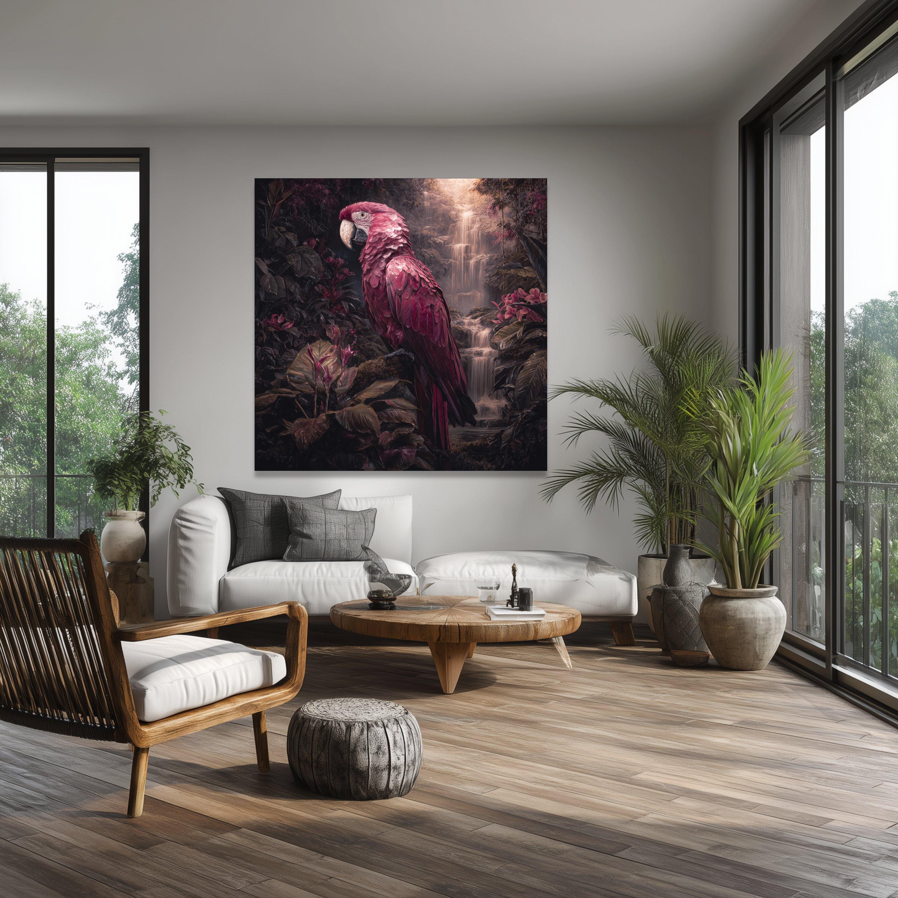 Majestic Scarlet Macaw Canvas, Tropical Rainforest Waterfall Art ...
