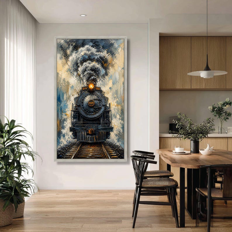 Vintage Steam Locomotive Canvas, Industrial Train Art, Railroad Track ...