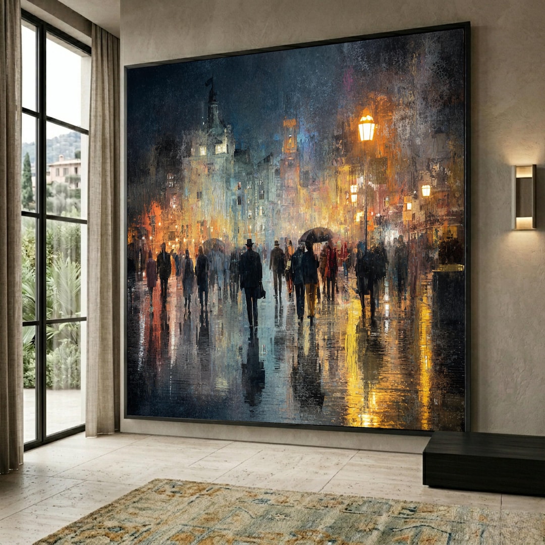 Rainy City Street Scene Canvas, Impressionist Urban Nightscape Wall Art ...