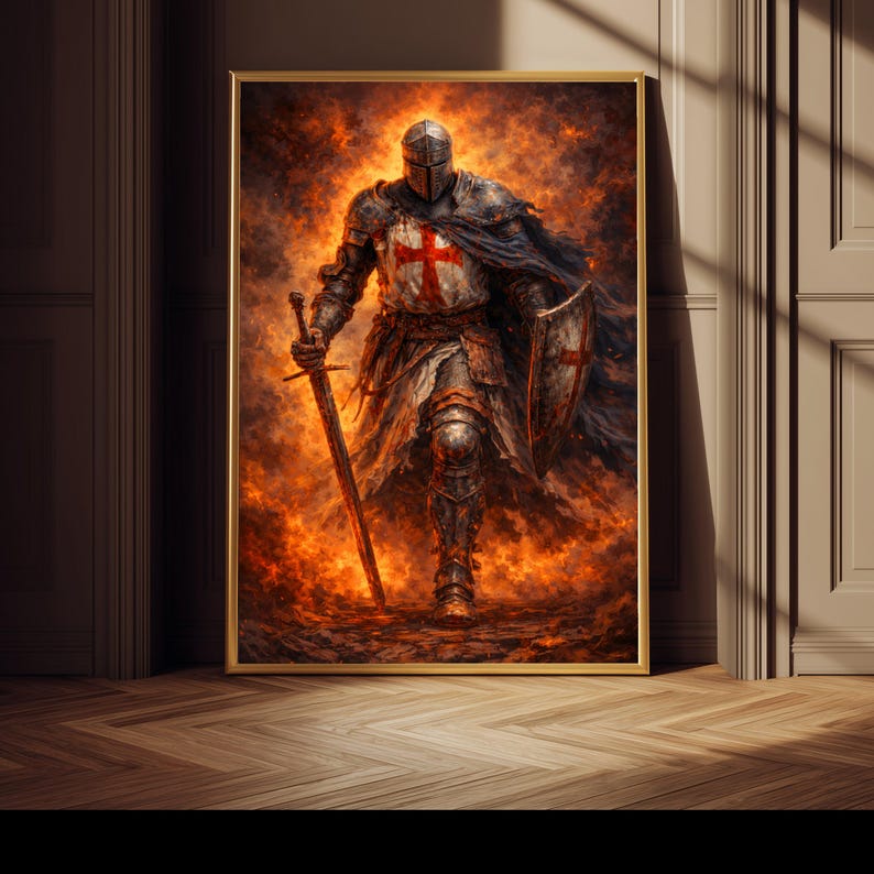 Fiery Crusader Knight Canvas Wall Art, Medieval Armor Warrior, Knight ...