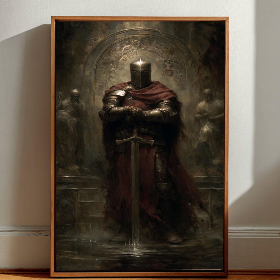Medieval Knight Dark Armor Canvas Print, Gothic Warrior Battle Scene ...