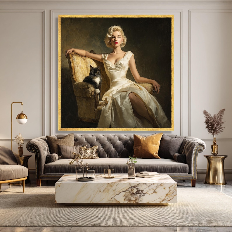 vintage-glamour-portrait-canvas-woman-cat-classic-retro-wall-art-ready