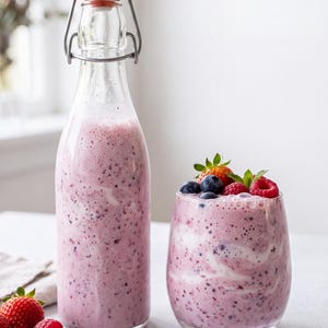 May include: A clear glass bottle with a swing-top lid and a matching glass tumbler, both filled with a thick, light purple berry smoothie. The smoothie contains visible dark fruit specks. Fresh strawberries, raspberries, and blueberries garnish the glass.