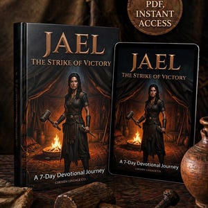 Puede incluir: Imagen de un libro y una tableta con el título "JAEL: The Strike of Victory". La portada muestra a una mujer con un martillo y una espada. El texto "A 7-Day Devotional Journey" es visible. PDF digital, acceso instantáneo.