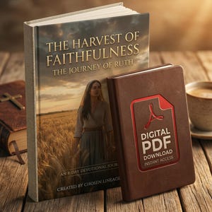 May include: A hardback book titled "THE HARVEST OF FAITHFULNESS" with the subtitle "THE JOURNEY OF RUTH" and a brown digital PDF book with the text "DIGITAL PDF DOWNLOAD INSTANT ACCESS" on a wooden surface.