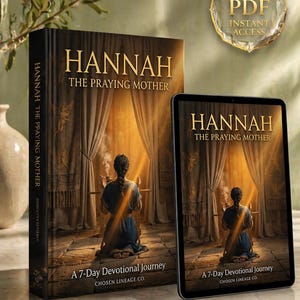 Puede incluir: Un libro y una tableta muestran el título "HANNAH THE PRAYING MOTHER" con una mujer arrodillada en oración. El lomo del libro dice "HANNAH THE PRAYING MOTHER". Un icono PDF digital está en la esquina superior derecha. El libro es un Viaje Devocional de 7 días.