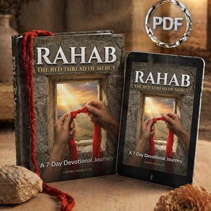 Puede incluir: Un libro y una tableta muestran el título "RAHAB: El Hilo Rojo de la Misericordia" con una imagen de manos atando un hilo rojo. El libro tiene una cubierta de piedra, y la tableta muestra la misma imagen. Un icono "PDF" está en la esquina superior derecha.