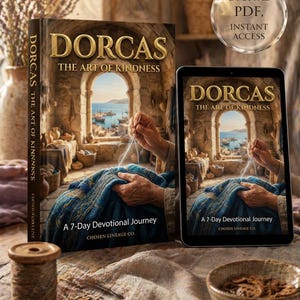 Puede incluir: Un libro y una tableta muestran la portada de "Dorcas: The Art of Kindness". El libro y la tableta muestran una escena de manos cosiendo, con el texto "A 7-Day Devotional Journey". Un PDF digital está disponible con acceso instantáneo.
