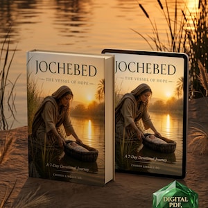 Puede incluir: Un libro físico y una tableta digital que muestran la portada de Jochebed: The Vessel of Hope, un viaje devocional de 7 días de Chosen Lineage Co. La portada muestra a una persona colocando a un bebé en una cesta junto a un río al atardecer.
