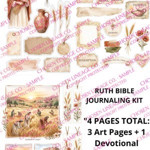Puede incluir: Kit de diario bíblico de Rut con ilustraciones y texto al estilo acuarela. El kit incluye páginas de arte, etiquetas y una reflexión devocional. La paleta de colores presenta tonos cálidos de marrón, beige y rojo.