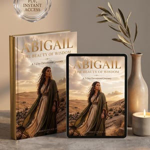 Puede incluir: Un libro y una tableta muestran la portada de "Abigail: The Beauty of Wisdom", un viaje devocional de 7 días. El libro tiene una columna dorada. La imagen presenta a una mujer con un vestido fluido en un paisaje desértico. PDF digital disponible.