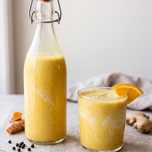 Puede incluir: Una botella de vidrio transparente con cierre hermético y un vaso a juego llenos de un batido de cúrcuma amarillo vibrante. La bebida presenta remolinos de crema blanca, una rodaja de naranja fresca y pimienta negra espolvoreada.