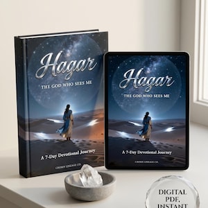 Puede incluir: Un libro y una tableta muestran el título "Hagar: El Dios que me ve" con un paisaje desértico y una figura. El libro es de tapa dura, y la tableta muestra la misma imagen. También hay un cuenco pequeño con cristales y un emblema de acceso digital.