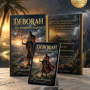 Puede incluir: Imagen de un libro y una tableta con el título "Deborah The Warrior's Mantle". La portada del libro y la tableta muestran a una mujer con una capa roja sosteniendo un bastón. El fondo presenta un paisaje con una ciudad y un cielo tormentoso. La tableta dice "A 7-Day Devotional Journey".
