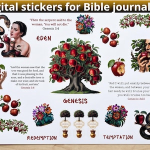 Puede incluir: Pegatinas digitales para el diario bíblico con ilustraciones de manzanas, serpientes y personas. Las pegatinas incluyen textos del Génesis, con temas de Edén, Génesis, Redención y Tentación. Diseñadas para el diario bíblico.