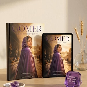 Puede incluir: Un libro y una tableta muestran la portada de "GOMER LOVE WITHOUT LIMITS", con una mujer con una capa morada. También hay un pequeño cuenco con cristales de amatista y un anillo morado con el texto "DIGITAL PDF, INSTANT ACCESS".