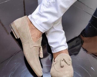 Handmade Men's Beige Suede Slip on Tassel Loafers