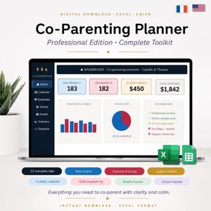 Co-Parenting Planner (EN/FR) Excel & Google Sheets | Custody Schedule Tracker, Child Support Log, Shared Expenses, Visitation Calendar