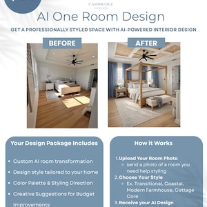 May include: An advertisement for AI-powered interior design services. The image shows a "Before" and "After" comparison of a bedroom design. Text includes service details, such as custom room transformation, design style, and a mini shopping list.