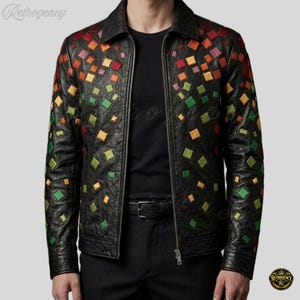 Men’s Black Leather Jacket with Colorful Embroidered Diamond Patches, Statement Zip-Up, Retro Streetwear