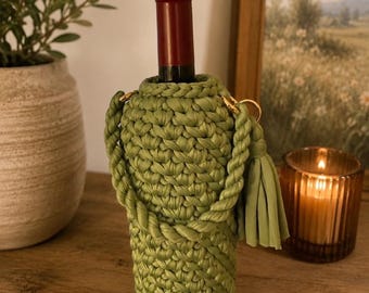 Handmade Crochet Wine Bottle Holder, Sage Green, Tassel Handle (Reusable)