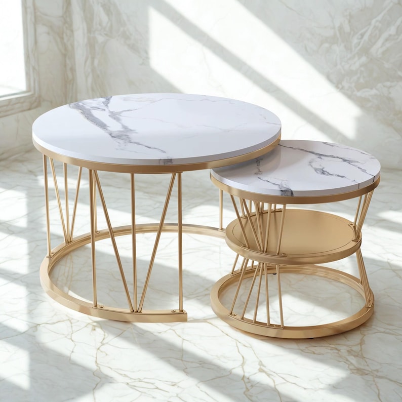 Modern Nesting Coffee Table Set Round Marble Top Coffee Tables 2 Piece ...