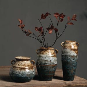 Vintage Ceramic Vase Rustic Flower Vase Set Farmhouse Decor Handmade Look Pottery Vase Home Decoration
