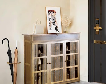 Bamboo Shoe Storage Cabinet 4 Tier Wooden Shoe Rack with Doors Entryway Shoe Organizer Natural Home Storage