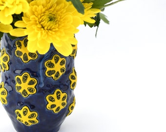 Ceramic Vase Blue Eclectic, Polka Dot Flower Vessel, Centerpiece Cylinder Vase, Rustic Pottery Vase, Mother's Day, Housewarming Gift